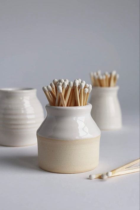 Matches 
Wooden bowls 
Oil cans 
Gifts for home Match Jar, Vinegar Dispenser, Match Striker, Wheel Throwing, White Pot, Safety Matches, Candle Store, Kitchen Decor Modern, Storage Display