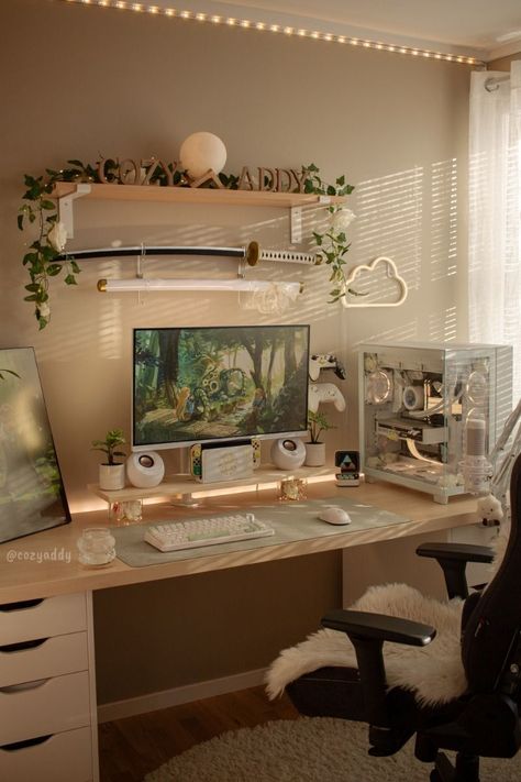 Aesthetic Setup Ideas, Cute Gaming Room Ideas, Cozy Pc Desk Setup, Double Pc Gaming Setup, Study Gaming Room, Cozy Desk Setup Study, Cozy Aesthetic Office, Gaming Desk Inspiration, Aesthetic Gaming Desk Setup