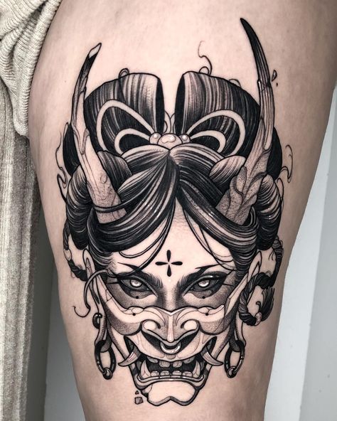 33 Incredible Japanese Tattoo Ideas for Women & Men in 2024 Japanese Demon Tattoo, Japanese Mask Tattoo, Oni Mask Tattoo, Geisha Tattoo Design, Oni Tattoo, Tattoo Japanese Style, Hannya Mask Tattoo, Mask Tattoo, Tattoo Style Drawings