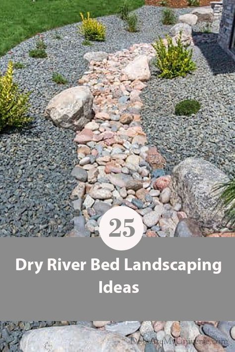 The Best Dry River Bed Landscaping River Rock Yard Ideas, Dry Riverbed Landscaping Slope, Dry Rock Bed Landscaping, Dry River Bed Landscape Yard Ideas, Zero Scape Landscaping Front Yards, River Stone Landscaping, Dry Stream Bed Landscaping, Slope Stairs, River Bed Landscaping Ideas