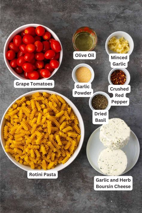 Pasta With Cheese And Tomatoes, Baked Cheese And Tomato Pasta, Tomatoes And Boursin Cheese, Boursin Pasta Recipe Tiktok, Boursin Cheese Tomato Pasta, Boursin Cheese Baked Tiktok Pasta, Tomato Cheese Pasta Bake, Viral Boursin Pasta, Tik Tok Boursin Pasta