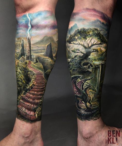 Fantasy World by Ben Klishevskiy, an artist working at Banana Tattoo in Moscow, Russia. Fantasy World Tattoo, Piercing Prince Albert, Fantasy Tattoo Ideas, Clouds Tattoo, Nature Tattoo Sleeve, Fantasy Realm, Army Tattoos, Knight Tattoo, Worlds Best Tattoos