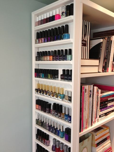 This blogger built a nail polish storage rack by adding strips of wood trim to the side of a bookcase. Beautiful and functional! Rangement Makeup, Nail Polish Shelf, Nail Polish Rack, Nail Polish Storage, Nail Polish Organizer, Diy Nail Polish, Makeup Room, Wood Trim, Book Shelf