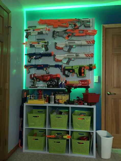 Lego And Nerf Storage, Gaming Room Kids Boys, Room Ideas For 10 Year Boy, Videogame Room Ideas, 6 Year Boy Bedroom Ideas, Boys Room 8-10, Boys Bedroom Toy Storage Ideas, Bedroom Ideas For 10 Year Boy, 6 Year Boy Room Ideas