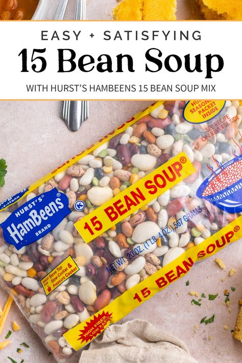 15 bean soup is hearty, comforting, and packed with flavor. Made with a mix of 15 types of beans like pinto beans, lima beans, red beans, lentils, and garbanzo beans, this soup is seasoned to perfection and rounded out with bacon, onion, celery, and diced tomatoes. Welcome to soup season! Crockpot 15 Bean Soup, Bean Soup Mix Recipe, Bean Soup Crockpot, 16 Bean Soup, Soup With Turkey, Dry Beans Recipe, Bean And Bacon Soup, Beans In Crockpot, 15 Bean Soup