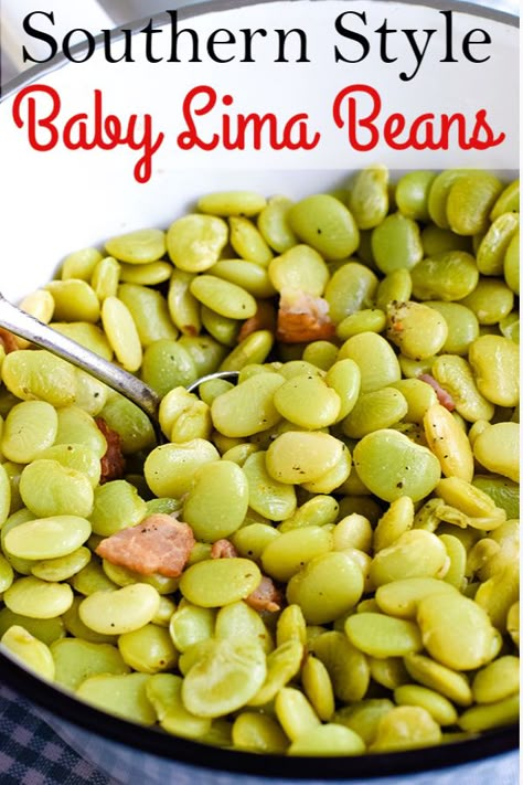 Southern Style Baby Lima Beans are cooked low and slow with bacon and seasoned to perfection. This country delicacy is melt in your mouth deliciousness! #LimaBeans #ButterBeans #SouthernStyleLimaBeans #BabyLimas #Limas Crock Pot Lima Beans Slow Cooker, Crock Pot Lima Beans, Green Lima Beans, Seasoned Beans, Butterbean Recipes, Country Vegetables, Lima Beans Recipe, Country Meals, Baby Lima Beans