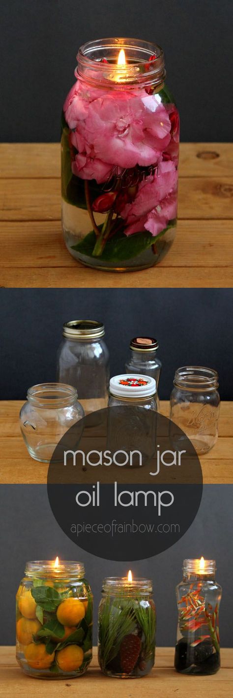 Make gorgeous oil lamp from mason jars and glass bottles. Safer than candles, it takes only 2 minutes to make using vegetable oils and water! - A Piece Of Rainbow ขวดโหล Mason Jar, Oil Candles Diy, Lilin Aroma, Mason Jar Projects, Tafel Decor, Astuces Diy, Mason Jar Crafts Diy, Diy Oils, Jar Diy