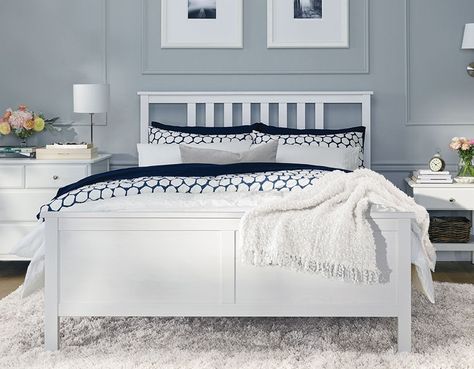 A bright bedroom with a HEMNES queen bed frame Lit Hemnes Ikea, Ikea Hemnes Bed, Hemnes Ikea, Hemnes Bed, Bedroom Furniture Inspiration, Ikea Furniture Makeover, Bedroom Ikea, Cottage Bedrooms, Cama Ikea