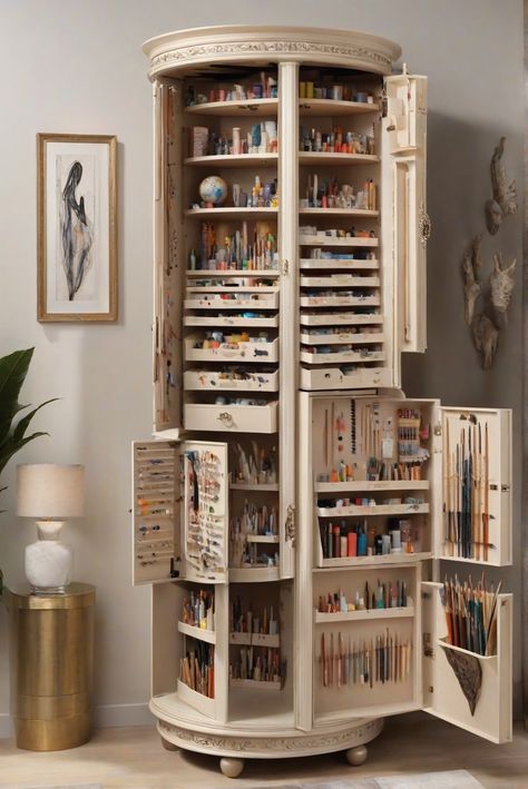 1. Art storage cabinets
2. Art organization
3. Art supplies storage
4. Art studio organization Art Cabinet Organization, Paint Organization Diy, Art Storage Cabinet, Modern Craft Room, Paint Storage Ideas, Fancy Storage, Hobby Room Design, Artist Storage, Art Studio Storage