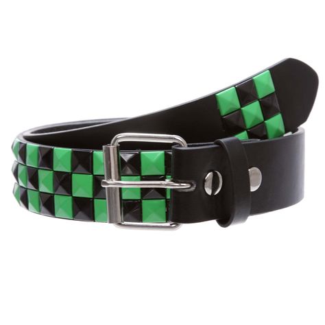 PRICES MAY VARY. 100% Leather Imported Snap closure Dry Cloth Clean Snap on, interchangeable roller buckle Green & Black checkerboard studs have rounded prongs on the backs to prevent snagging on pants like all studded belt owners know about. Material: synthetic leather with quality PU leather Width: 1 1/2" (38 mm) Sizing: This belt is measured from inside edge of buckle to the center hole, the 3rd hole from the tip end. order 2 inches larger than pants size for best fit. e.g. XS 27"-29" fits pa Rainbow Studded Belt, Emo Studded Belt, Red Studded Belt, Stud Belts, Emo Belts, Neon Punk Fashion, Scene Costume, Scene Belt, Cool Belts