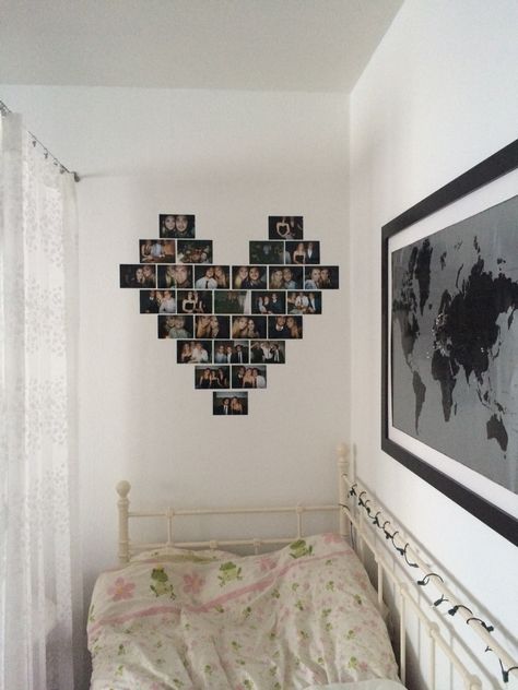 Picture Collage Wall Ideas Bedrooms, Friend Picture Wall Ideas, Heart Made Out Of Pictures On Wall, Aesthetic Picture Wall Bedroom, How To Stick Pictures On Wall, Memory Wall Bedroom, Heart Out Of Pictures, Photo Wall Friends, Polaroid Heart Wall