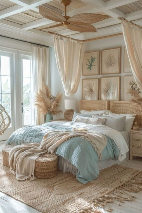 Modern Boho Room Ideas, Santorini Bedroom Ideas, Ocean Boho Bedroom, Boho Beach Interior, Bohemian Beach Bedroom Ideas, Boho Costal Bedroom, Tropical Master Bedrooms Decor, Light And Airy Bedroom Paint Colors, White Room Decor Bedroom Ideas