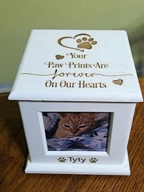 "Cat & Dog Wood Urn for Cremation Ashes- with 4 picture slots Custom Designed Memorial Laser Engraved Whitewash Rotating Wooden Pet Urn with Pictures (Top comes off for ashes inside) Each Personalized Memorial is; sanded-stained-poly-urethane protected-& then engraved. After we print 4 pictures to make your memorial complete. Can be used for 1 pet or multiple pets (cat,dog,etc). Also, feel free to send us a custom quote, or use our quote that is pictured. Dimensions: 5\"wx5\"lx5\"d 72.3 Puppy Rules, Wooden Pet Urn, Dog Cremation, Tortoise House, Pet Memory, Memorial Markers, Pet Urns Dogs, Pet Cremation Urns, Custom Urns