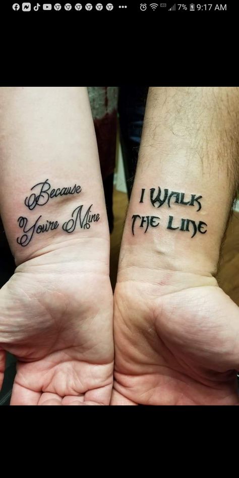 Truly Madly Deeply Tattoo, Western Couple Tattoo Ideas, Wife Husband Tattoo, Western Couples Tattoos, Wedding Tattoos His And Her, Couples Tattoo Designs Unique, Husband Wife Tattoos Couple Tat, His And Her Tattoo Ideas Couple Tat, Matching Country Tattoos