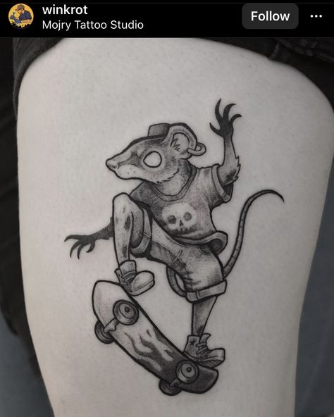 Whip Shading Tattoo, Rat Tattoo Design, Skateboard Tattoo, Rat Tattoo, Evil Skull Tattoo, Taboo Tattoo, Funky Tattoos, Sharpie Tattoos, Arte Punk