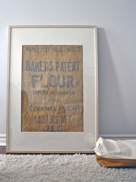 Framed old burlap flour sack. Framed Coffee Sack, Burlap Wall Decor, Burlap Wall Art, Burlap Coffee Bags, Coffee Sack, Framed Burlap, Inexpensive Art, Coffee Sacks, Coffee Bags