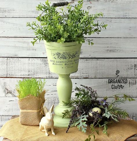 Thrifted Wooden Bucket & Candlestick Pedestal Planter #upcycle #repurpose #springdecor #primamarketingtransfer #frenchcountry #pedestalplanter Planter Upcycle, Plant Stand Makeover, Spring Foraging, Fireplace Candle, Repurposed Candle Holders, Frame Jewelry Organizer, Upcycled Books, Farmhouse Green, Stick Decor