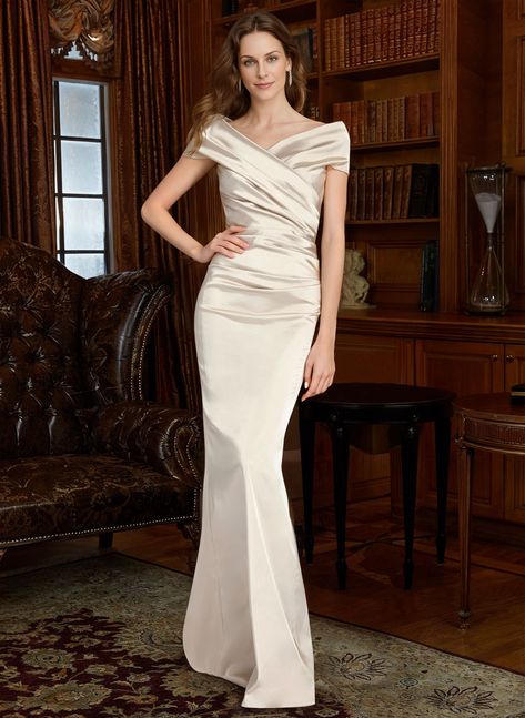 Sheath Off-The-Shoulder Silk Like Satin Mother Of The Bride Dresses With Pleated Fall Wedding Gowns, Gown Ideas, Pleated Sleeves, October 19, Mother Of The Bride Dress, Dresses 2024, Wholesale Dress, Groom Dress, Bride Dresses