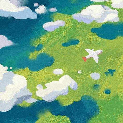 Lineless Illustration, Airplane Clouds, Lineless Art, Study Illustration, Photo Study, Landscape Illustration, Book Illustration, Pretty Art, Landscape Art