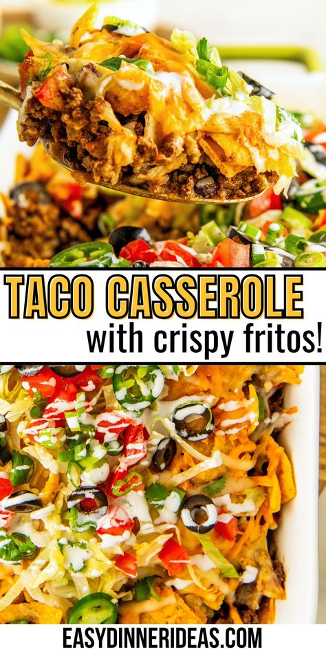 This easy taco casserole with Fritos is a layered Tex-Mex fiesta ready in just 30 minutes. With layers of seasoned ground beef, two kinds of beans, corn, melty cheese, and lots of crunchy Fritos, this casserole is an easy dinner idea that is sure to be a hit! Taco Casserole Fritos, Taco Bake Fritos, Taco Casserole With Fritos Corn Chips, Frito Taco Casserole, Taco Casserole With Fritos, Casserole With Fritos, Taco Casserole With Rice, Taco Casserole Recipes, Taco Casserole With Tortillas