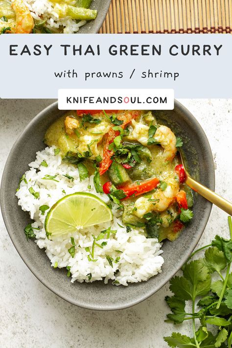 Indulge in the explosion of vibrant flavours with this easy Prawn Thai Green Curry recipe with juicy prawns/shrimp in a vibrant, spicy, and creamy coconut milk curry sauce. This easy-to-follow recipe can be whipped up in just 30 minutes, perfect for those busy days. With a generous portion of green veggies, this curry is not only delicious but also a healthy and nutritious choice. Thai Green Prawn Curry Recipe, Green Curry Shrimp Recipes, Green Prawn Curry, Shrimp Green Curry Recipes, Green Curry Recipes Thai Shrimp, Green Curry Shrimp Coconut Milk, Green Prawns Recipe, Thai Green Curry Shrimp, Curry Prawns Recipes