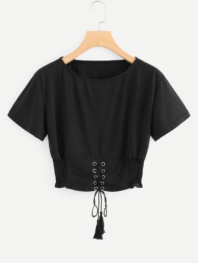 Shop Corset Lace Up Detail T-shirt online. SheIn offers Corset Lace Up Detail T-shirt & more to fit your fashionable needs. Lace Up Shirt, Fancy Shirt, Trendy Fashion Tops, Corset Lace, Crop Top Outfits, Causual Outfits, Simple Trendy Outfits, Indian Fashion Dresses, Women T Shirts