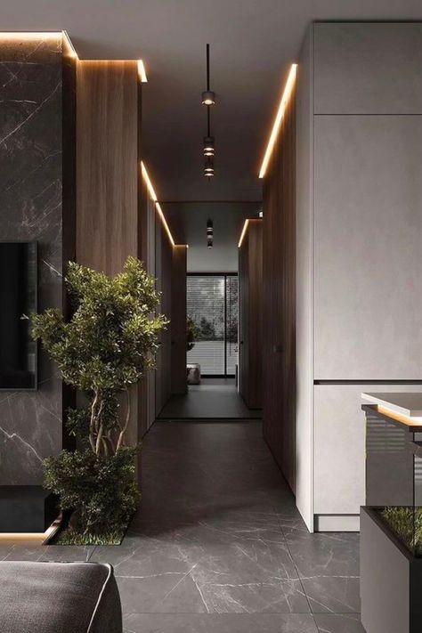 Elegant passage with luxury lighting in modern hallway Corridor Design, Modern Entrance, Point Design, Outdoors Inside, Hal Decor, Home Design Floor Plans, 아파트 인테리어, Beach House Design, Hall Design