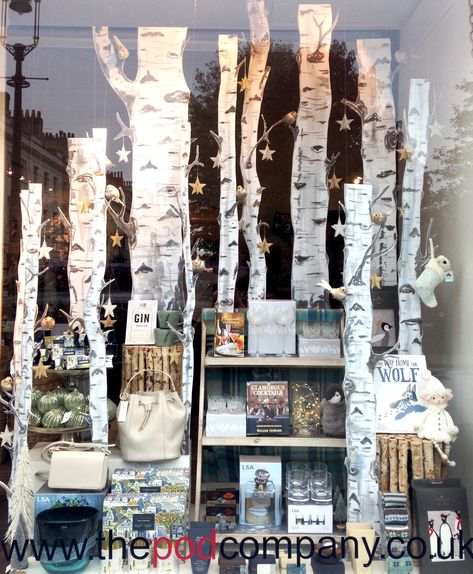 Silver birch forest Christmas 2018 Birch Tree Display, Birch Tree Window Display, Mountain Window Display, Autumn Window Displays Retail Store Fronts, Woodland Christmas Window Display, Woodland Window Display, Small Shop Window Display Ideas, Retail Christmas Windows, Snowman Window Display