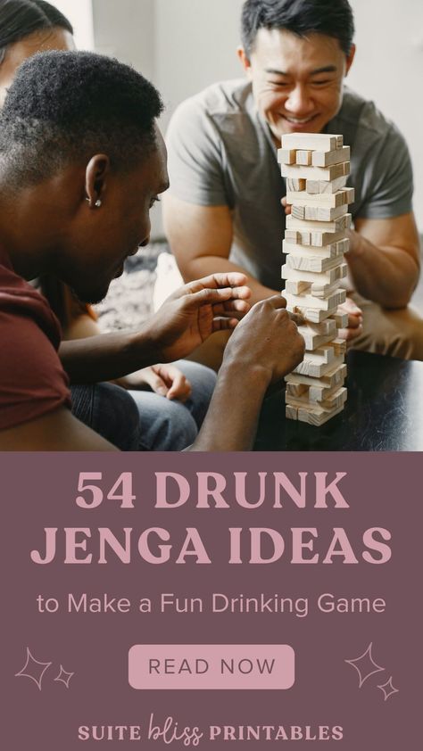 Drunk Jenga is a fantastic tower drinking game to play with friends. I personally find the Jenga drinking games you can buy a bit repetitive so we’ve created a mash-up of kings cup rules/ring of fire rules mixed with a drunken tower to make for an epic night of fun! #drunkjenga #partygames Rules For Drinking Games, Jenga Bachelorette Game, Drinking Challenges Games, Bridal Shower Jenga, Drinking Jenga Ideas, Jenga Drinking Game Ideas, Jenga Drinking Game Diy, Drink Jenga Ideas, Drunk Jenga Ideas