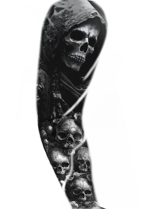 Grim Reaper And Skulls Tattoo, Dark Arm Tattoos For Guys, Skull Chain Tattoo, Dark Arm Sleeve Tattoo, Skull And Angel Tattoo, Skull Tattoo Sleeve For Men, Skull Forearm Tattoo Men, Grim Reaper Forearm Tattoo, Tattoo Cover Up Ideas For Men Arm