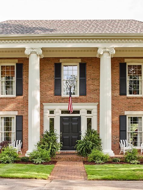 Brick Greek Revival Exterior, Brick Federal Style House, Updated Colonial Exterior With Columns, Colonial Ranch Style Homes, Colonial House Exterior Makeover, Brick Colonial House Exterior, Colonial Brick House, Porch Column Ideas, Red Brick Colonial