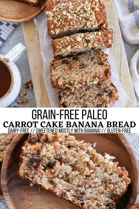 Paleo Carrot Cake Banana Bread - The Roasted Root Carrot Wedding Cake, Banana Carrot Bread, Carrot Cake Banana Bread, Paleo Banana Bread Recipe, Cake Banana Bread, Paleo Carrot Cake, Carrot Banana Cake, Carrot Bread, Paleo Banana Bread