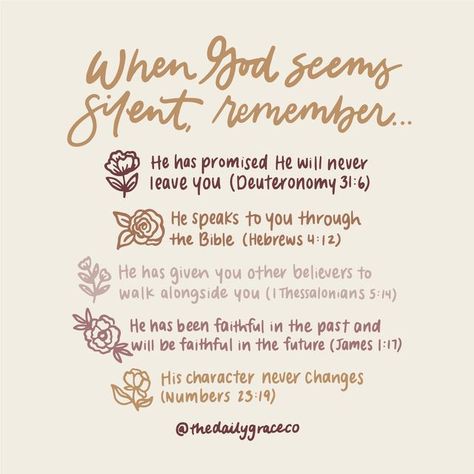 The Daily Grace Company® on Instagram: "When we walk through different seasons or hardships in life, it can feel like God is silent. It can feel like you are seeking, praying, and asking but are being met with a lack of answers and action. However, when we truly seek Him through scripture, we are told time and again that no matter how we feel, no matter what is happening around us, He is with us. He is working providently in all things to accomplish His plans and purposes. ✨​​​​​​​​ ​​​​​​​​ If God Aesthetic, God Things, Presence Of The Lord, Daily Grace, Journal Bible, Niv Bible, Godly Life, Christian Bible Study, Bible Notes