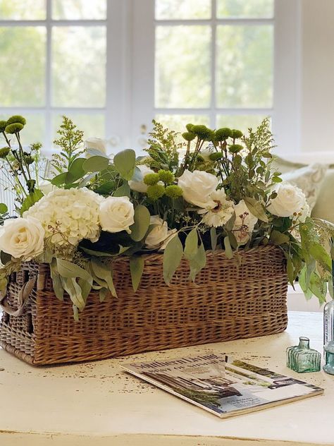 Repurposed Vintage Decor Basket Wicker Basket Decor Ideas, Wicker Basket Decor, Basket Decor Ideas, 100 Year Old Home, Basket Flower Arrangements, Sunday Morning Coffee, Winter Floral Arrangements, Repurposed Decor, Spring Basket