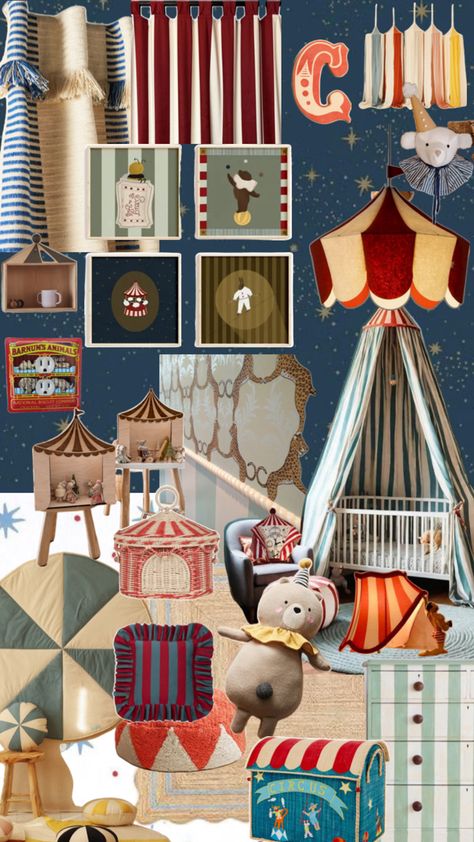 Moody and bold tones make a statement with fun whimsical circus characters. This theme will make your nursery so cozy and magical. Carnival Nursery Theme, Clown Nursery Theme, 90s Nursery Theme, Circus Kids Room, Circus Nursery Theme Vintage, Whimsical Boy Nursery, Circus Theme Nursery, Circus Theme Room, Circus Playroom