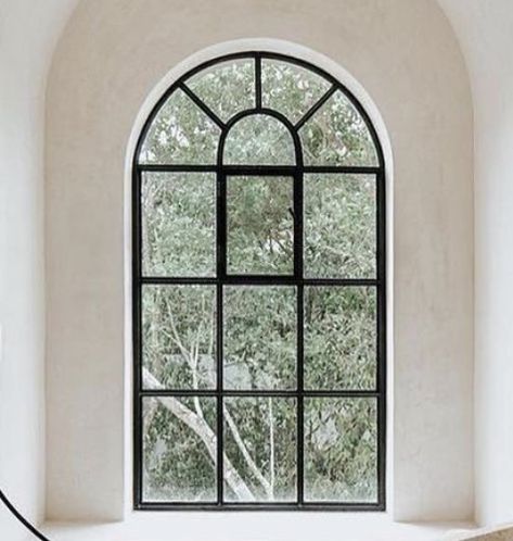 Big Arched Windows, Black Arch Window, Arch Window Bedroom, Front House Windows Ideas, Black Arched Windows, Big Arch Window, Half Moon Window, Arch Windows, Art Deco Arch