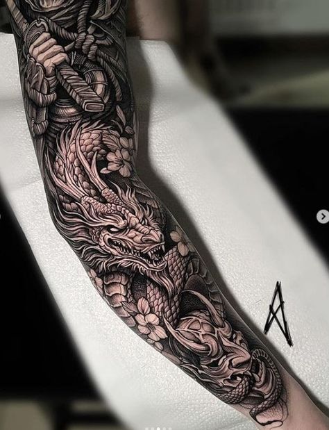 Men’s Dragon Sleeve Tattoo Ideas, Dragon Tattoo Arm Men, Japanese Theme Tattoo, Dragon Arm Tattoo, Dragon Tattoo Forearm, Japanese Tattoo Sleeve, Voll Arm-tattoos, Tato 3d, Japanese Hand Tattoos