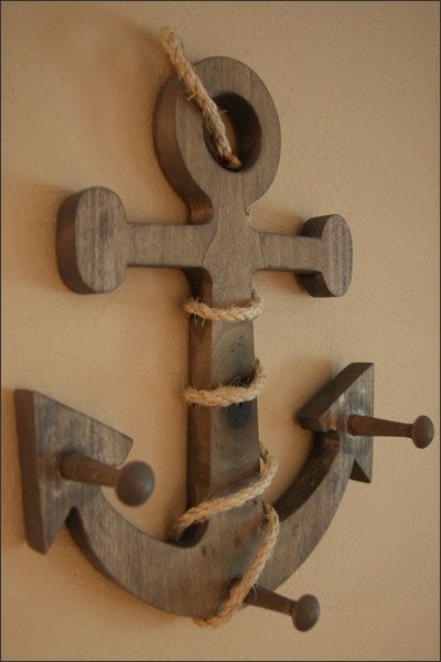 12" Tall Handcrafted Wooden Anchor with Rope 3 Peg Wall Hanging, Nautical Towel Rack, Nautical Décor, Beach or Pool Décor, Hat or Key Hook. $44.99, via Etsy. Anchor With Rope, Wooden Anchor, Decor Marin, Peg Wall, Deco Marine, Nautical Room, Ship Anchor, Beach Room, Nautical Bathrooms