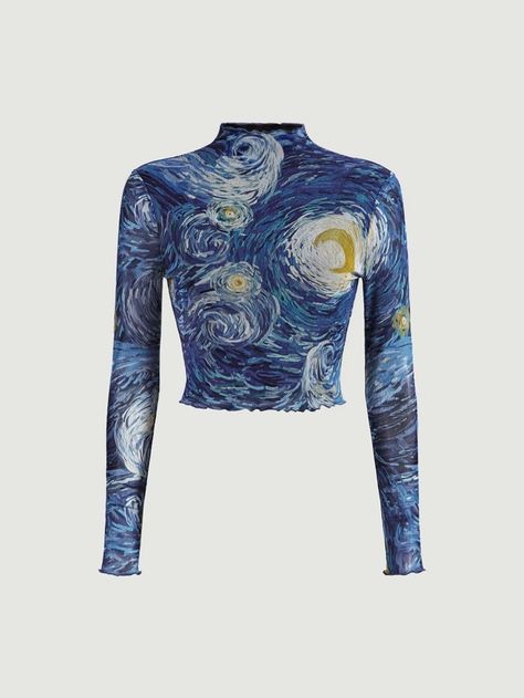 Mesh Long Sleeve Top, Mesh Crop Top, Knitting Women Cardigan, Everyday Fashion Outfits, Marble Print, Mesh Long Sleeve, Shein Tops, Blue Long Sleeve, Starry Sky