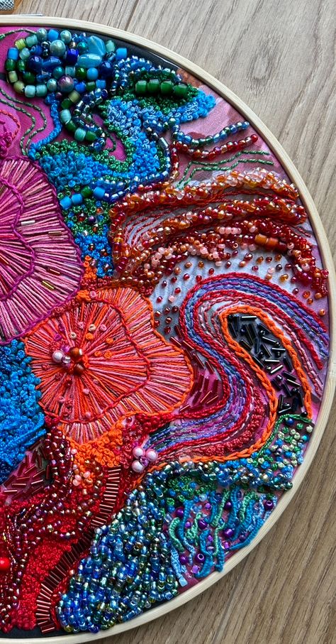 Beaded Work Embroidery, Bead Embroidery On Canvas, Painting And Embroidery On Canvas, Beading Artwork, Tambour Beading, Sequin Crafts, Abstract Embroidery, Hand Beaded Embroidery, Textile Art Embroidery