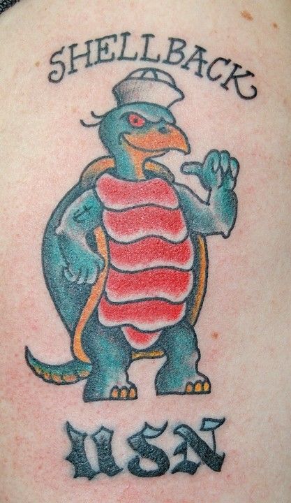 Shellback American Traditional Turtle Tattoo, Shellback Tattoo, Navy Anchor Tattoos, Naval Tattoos, Traditional Sailor Tattoos, Navy Tattoos, River Tattoo, Shell Tattoo, Flag Tattoos