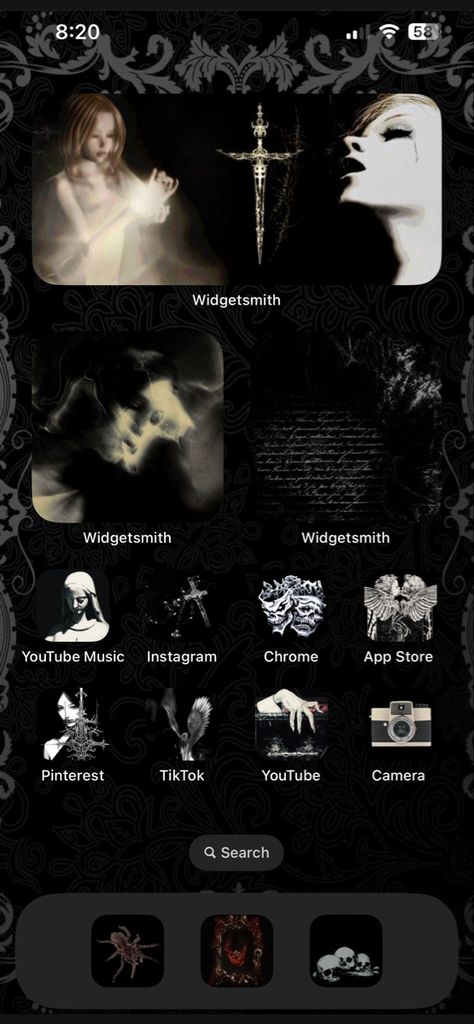 Dark Phone Widget Aesthetic, Phone Widget Aesthetic Black, Gothic Playlist Covers, Goth Ipad Layout, Gothic Iphone Theme, Dark Phone Layout Ideas, Widgets Layout Ideas, Dark Layout Aesthetic, Homepage Ideas Iphone