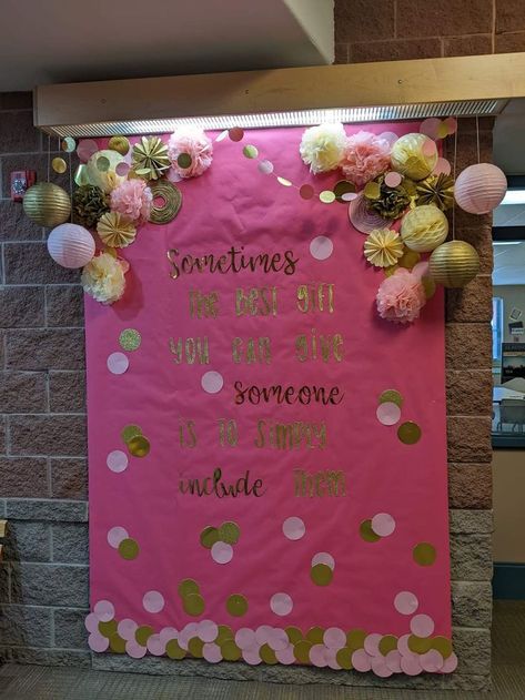 February Bulletin Board. The quote read " Sometimes the best gift you can give someone is to simply include them" Pink Bulletin Board, February Bulletin Boards, Creative Skills, School Classroom, Bulletin Boards, Bulletin Board, Best Gift, Pretty In Pink, Best Gifts