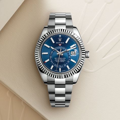 The Rolex Sky-Dweller in Oystersteel and white gold, 42 mm case, Blue dial, Oyster bracelet. The sophisticated traveller's watch. #Rolex #SkyDweller Latest Watches For Women, Rolex Cellini, Sky Dweller, Silver Pocket Watch, Swiss Army Watches, Latest Watches, Ring Sapphire, Dream Watches, Rolex Air King