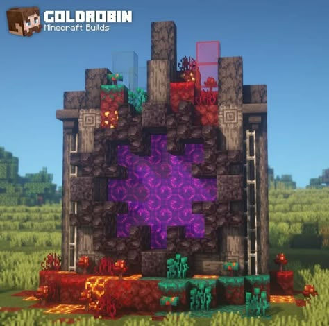 Beautiful portal built by Gold Robin😍  Click 'Visit' for Tutorial Cave Portal Minecraft, Ruined Nether Portal Design, Minecraft Underground Building Ideas, Underground Nether Portal Design, Minecraft Star Build, Nether Portal Design Cave, End Portal Design, Minecraft Cave Builds, Minecraft Nether Base