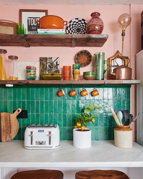 Kitchen stills for the zoomers because this space is one of my favourite transformations despite the fact that there have been no structural changes. Things I have done in here though are replace the tiles to these gorgeous green Moroccan Bejmat tiles, remove upper cabinets and replaced with open scaffold board shelving, lay a new herringbone floor and painted the cupboard doors. I’ve also painted the walls and doors pink. I’m a little obsessed with finding cute decor for these shelves and no... Backsplash Trends, Kitchen Backsplash Trends, Brick Backsplash Kitchen, Green Kitchen Designs, Subway Tile Backsplash Kitchen, Green Kitchen Cabinets, Subway Tile Kitchen, Boho Kitchen, Kitchen Tiles Backsplash