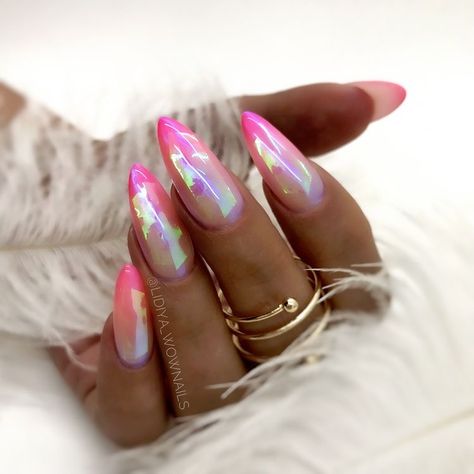 Mylar Nail Art Designs, Mylar Nail Art, Vibrant Summer Nails, Mylar Nails, Ombre Nail Colors, Sunset Ombre, Nail Color Ideas, Summer Nail Designs, Chrome Nails Designs