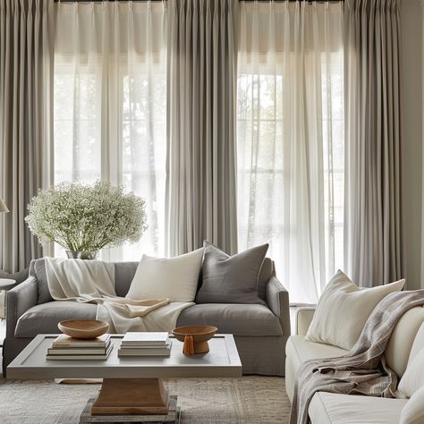 7 Curtain Trends to Enhance Your Living Room Decor Curtains For Room With Lots Of Windows, Curtains Layered With Sheers, Living Room White Curtains Ideas, Sheers Between Curtains, Sheer Curtain Living Room, Living Room Window Treatments Behind Couch, Raised Curtains Living Rooms, Living Room Curtains 3 Windows, Living Room Windows Curtains & Drapes