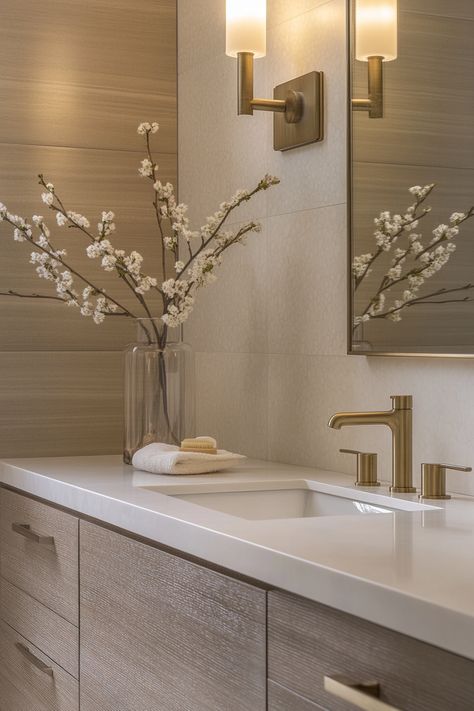 Taupe And Gold Bathroom, Gold And Cream Bathroom, Double Vanity With Makeup Area, Bathroom Gold Accents, Guest Bathroom Modern, Cream And Gold Bathroom, Modern Glam Bathroom, Modern Bathroom Fixtures, Elegant Modern Bathroom