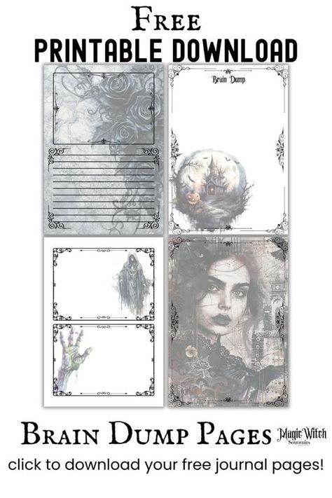 Click the link to download the NEW Gothic Brain Dump Pages. 18 Free pages in US Letter Size. Gothic Junk Journal Printables Free, Junk Journal Ideas Free Printable, Halloween Cabin, Witch Planner, Gothic Journal, Diy Journaling, Journal Printables Free, Book Reading Journal, Planning System